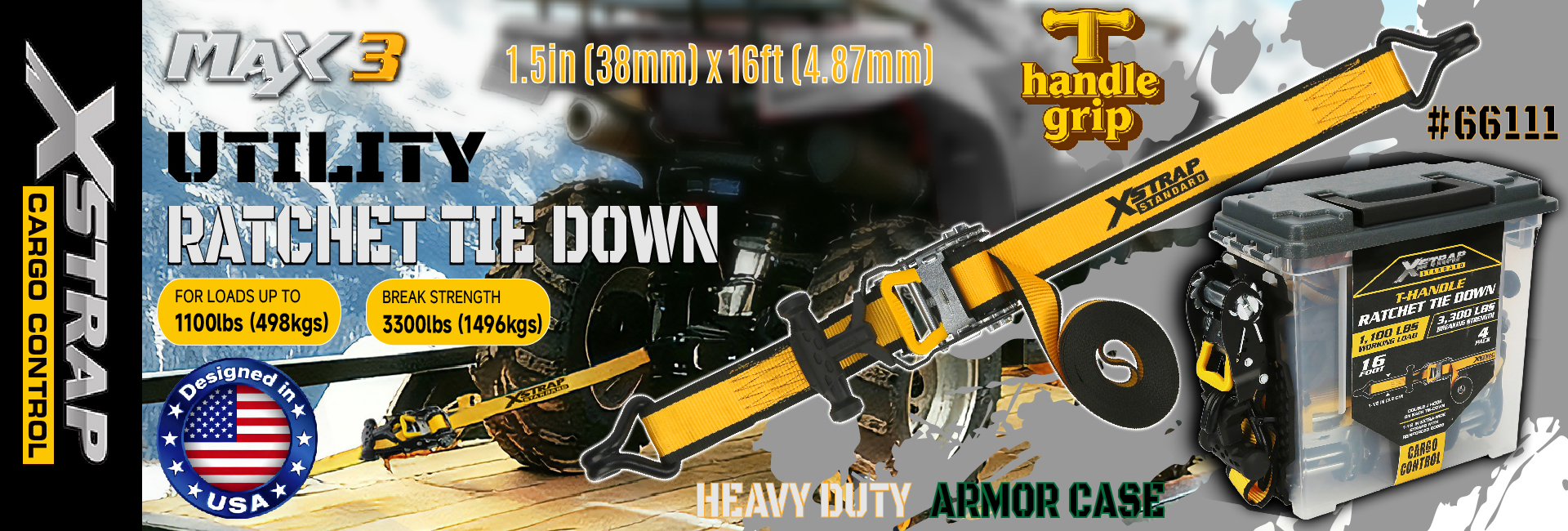 Xstrap 66111 1.5 インチ x 16 フィート T ハンドル ラチェット タイダウン ストラップ 1,100ポンド SWL