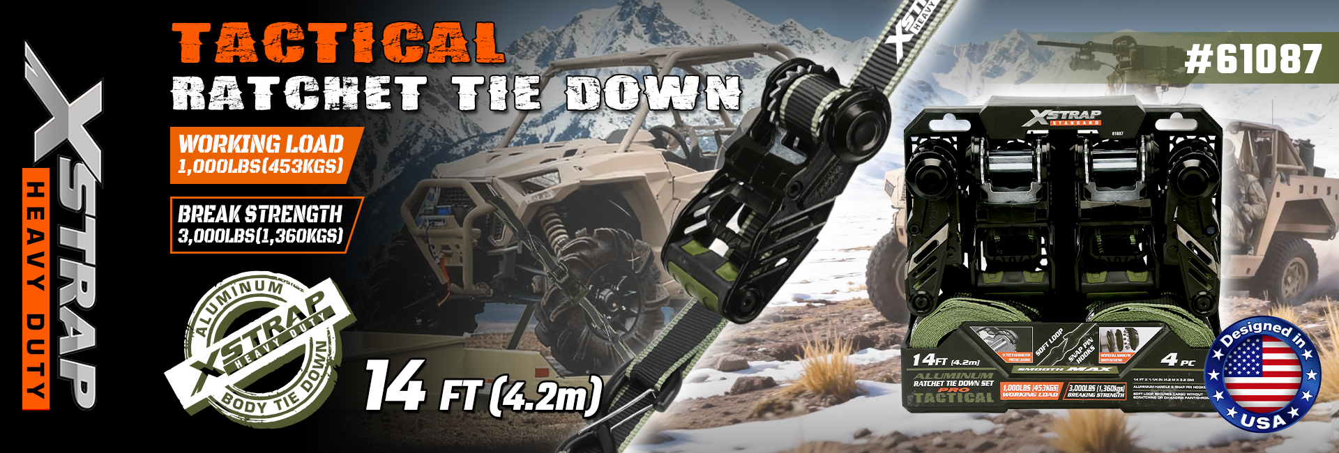 Xstrap 61087 1.25 インチ x 12 フィート タクティカル ラチェット タイダウン ストラップ 1,000ポンド SWL