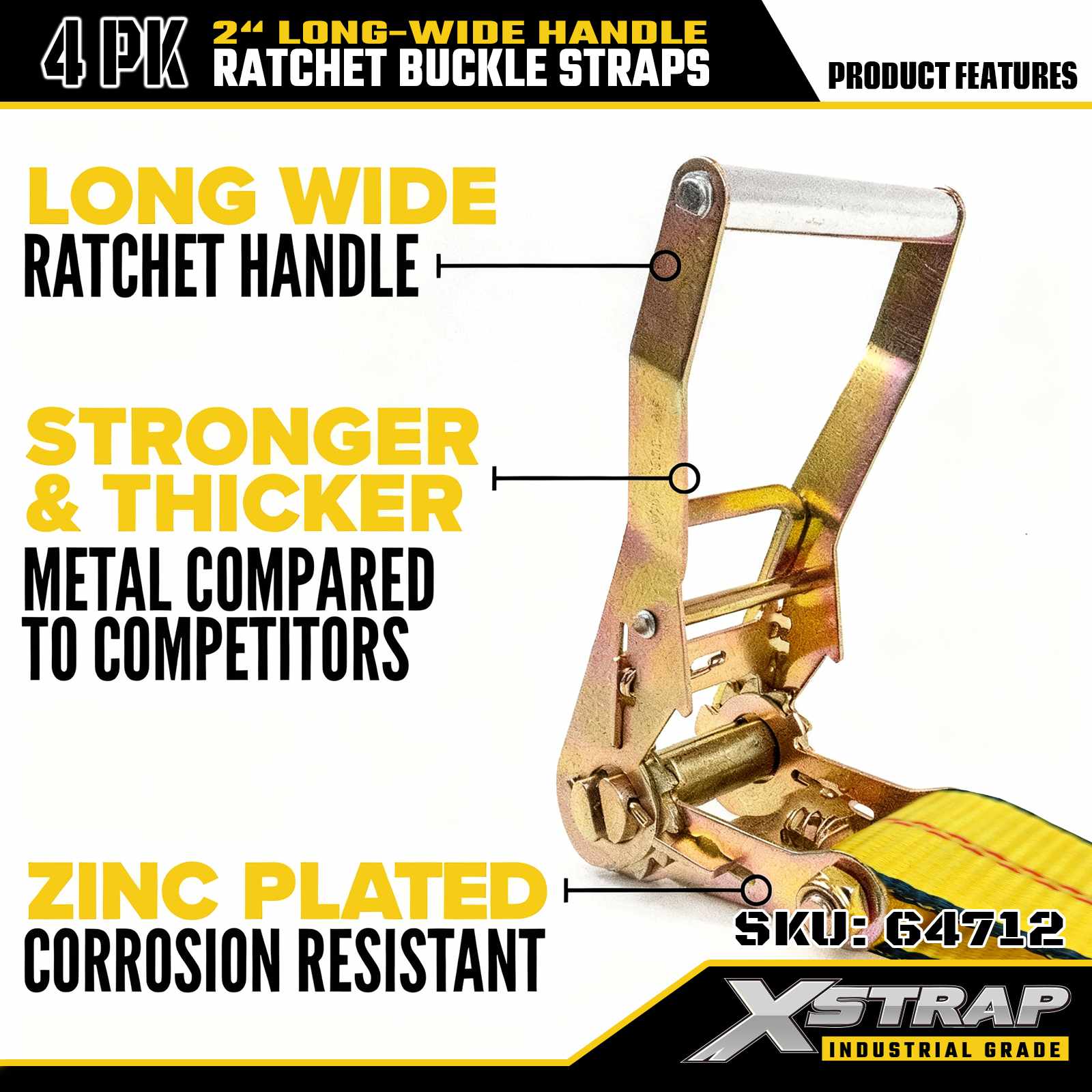Xstrap 64712 2インチ 27フィート 長さ ワイドハンドル ラチェットバックル ストラップ カニフック付き 破断強度 10,000ポンド (4個パック)