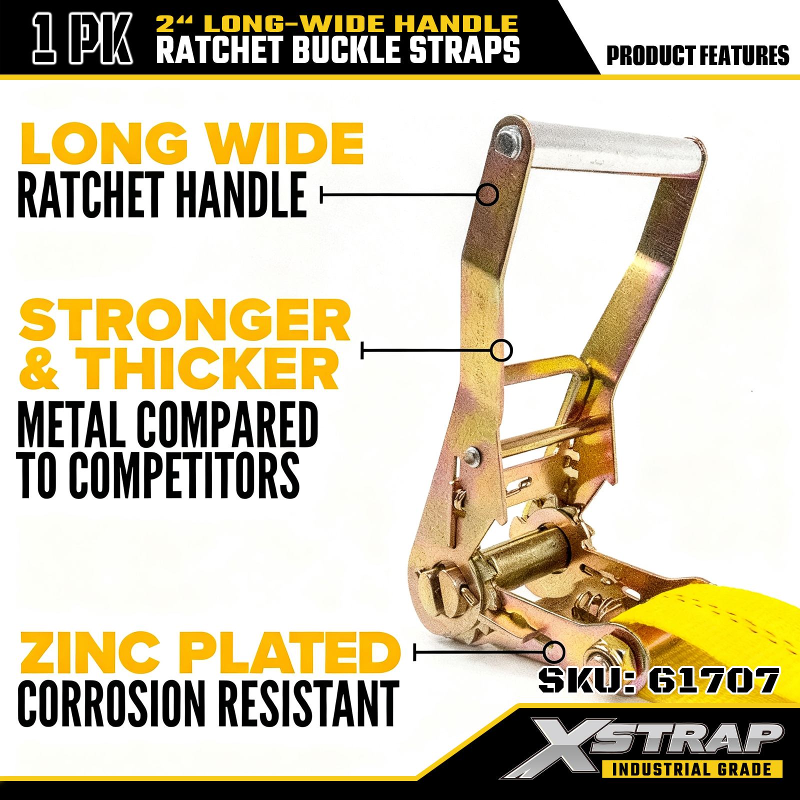 Xstrap 61707 2インチ 長さ27フィート ワイドハンドル ラチェットバックルストラップ フラットフック付き 破断強度10,000ポンド (1パック)