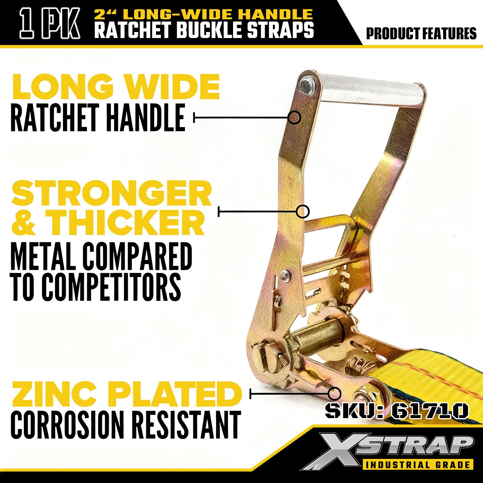 Xstrap 61710 長さ2インチ 27フィート ワイドハンドル ラチェットバックルストラップ ワイヤーフック付き 耐荷重10,000ポンド (1パック)