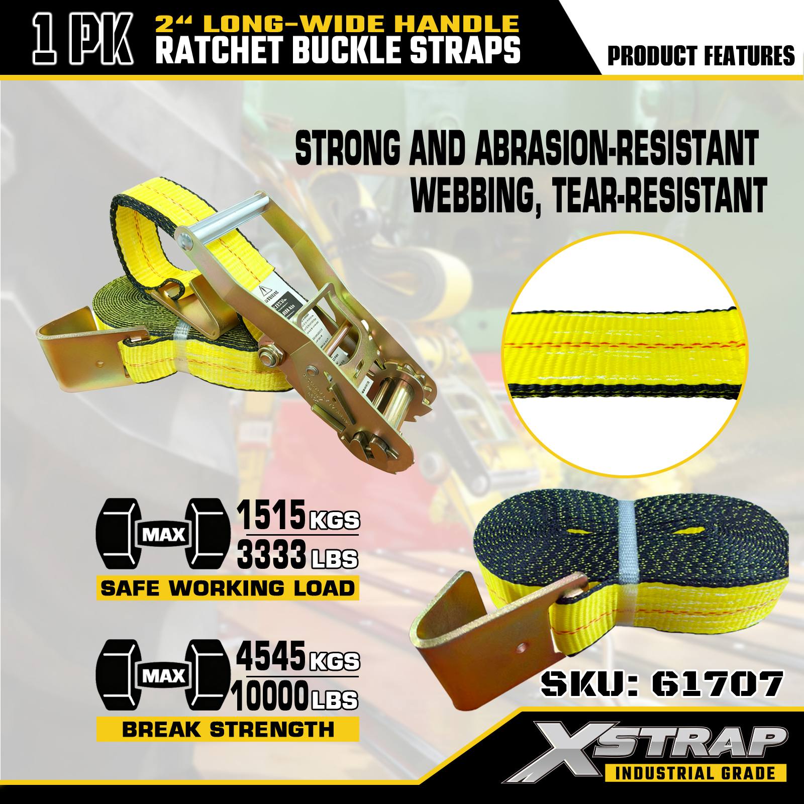Xstrap 61707 2インチ 長さ27フィート ワイドハンドル ラチェットバックルストラップ フラットフック付き 破断強度10,000ポンド (1パック)