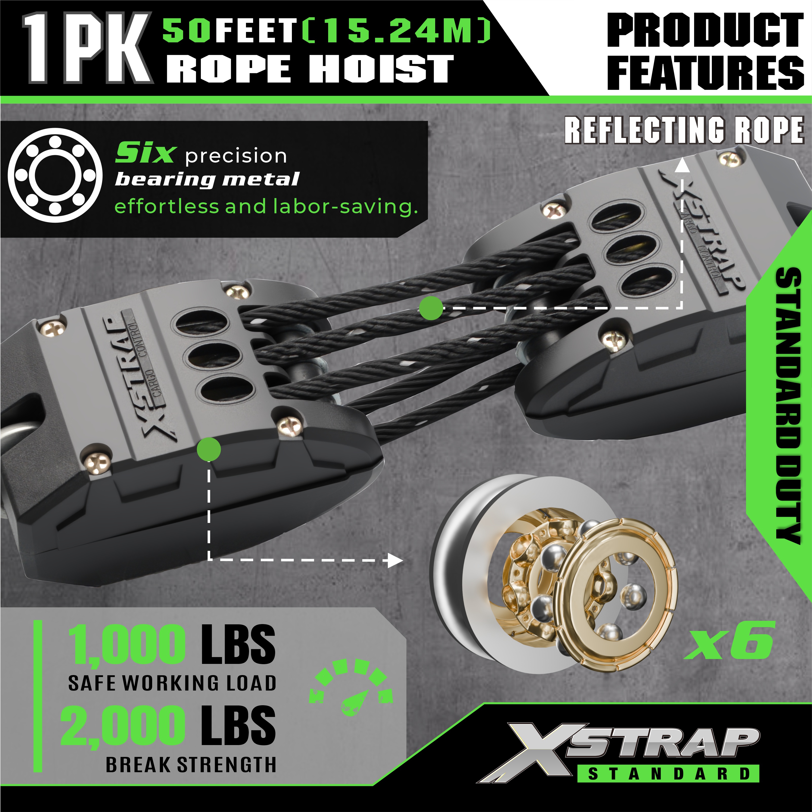 XSTRAP AHLT0003-反射ブラック ロープホイストプーリーシステム 1000LB