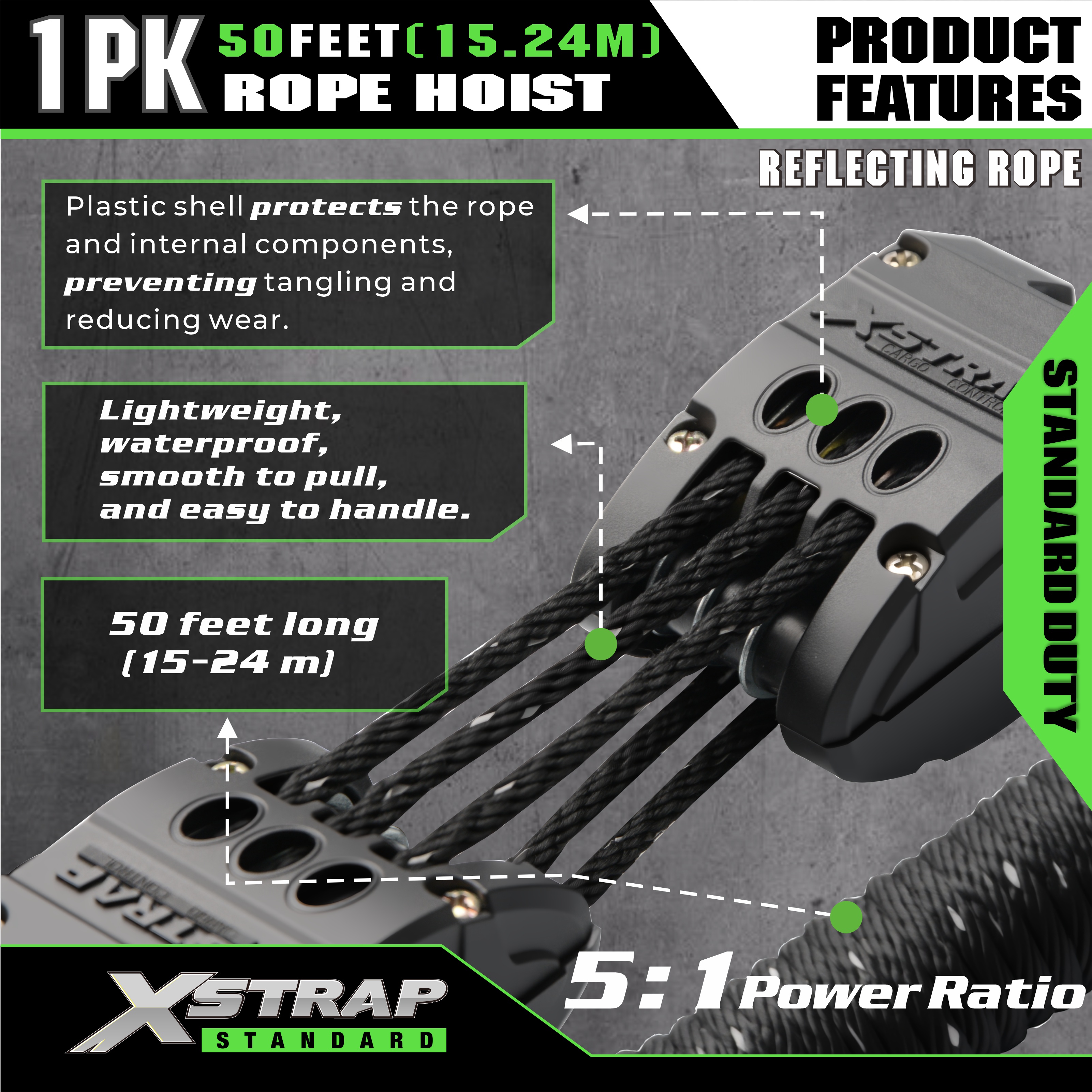 XSTRAP AHLT0003-反射ブラック ロープホイストプーリーシステム 1000LB