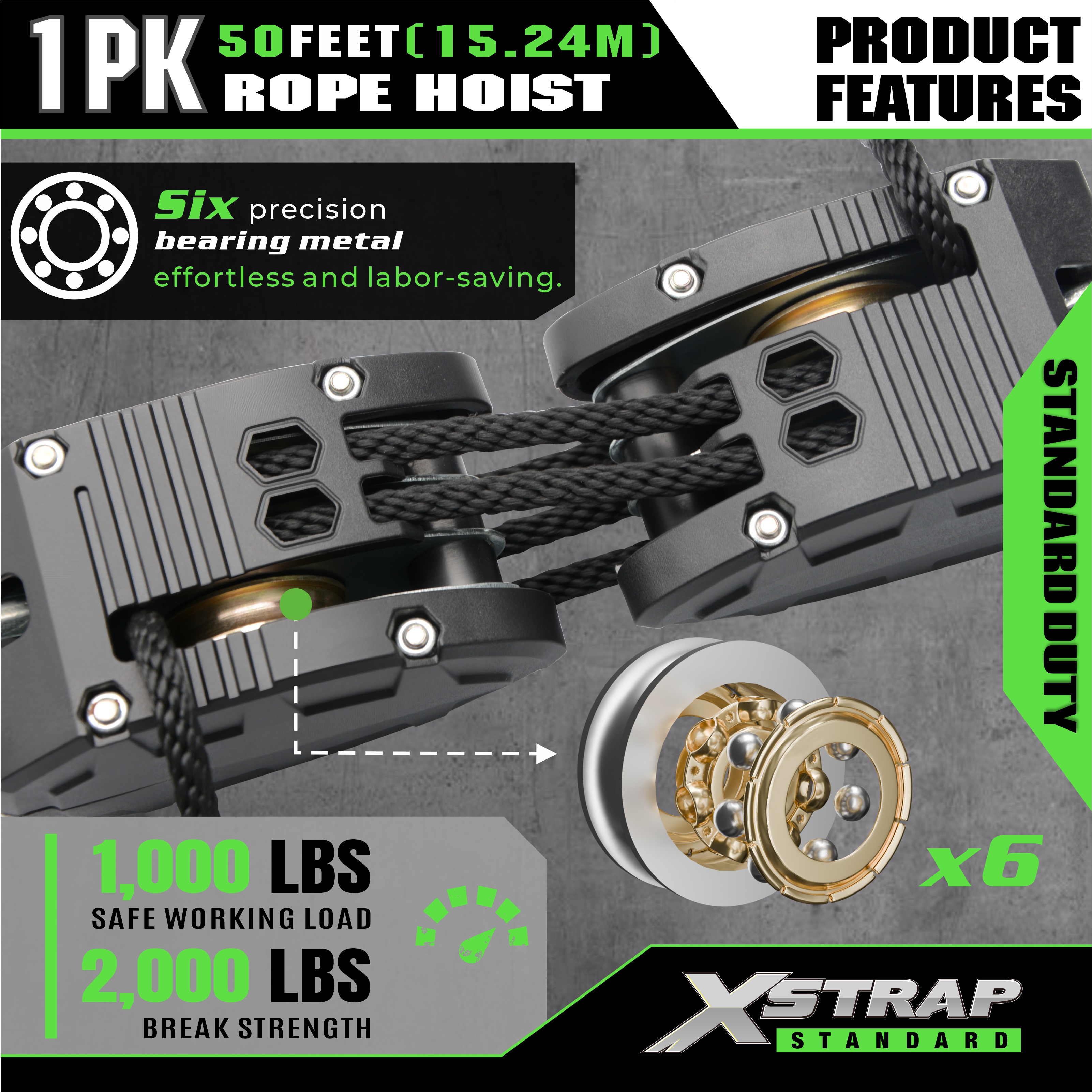 XSTRAP AHLT0003 ブラック ロープホイストプーリーシステム 1000LB