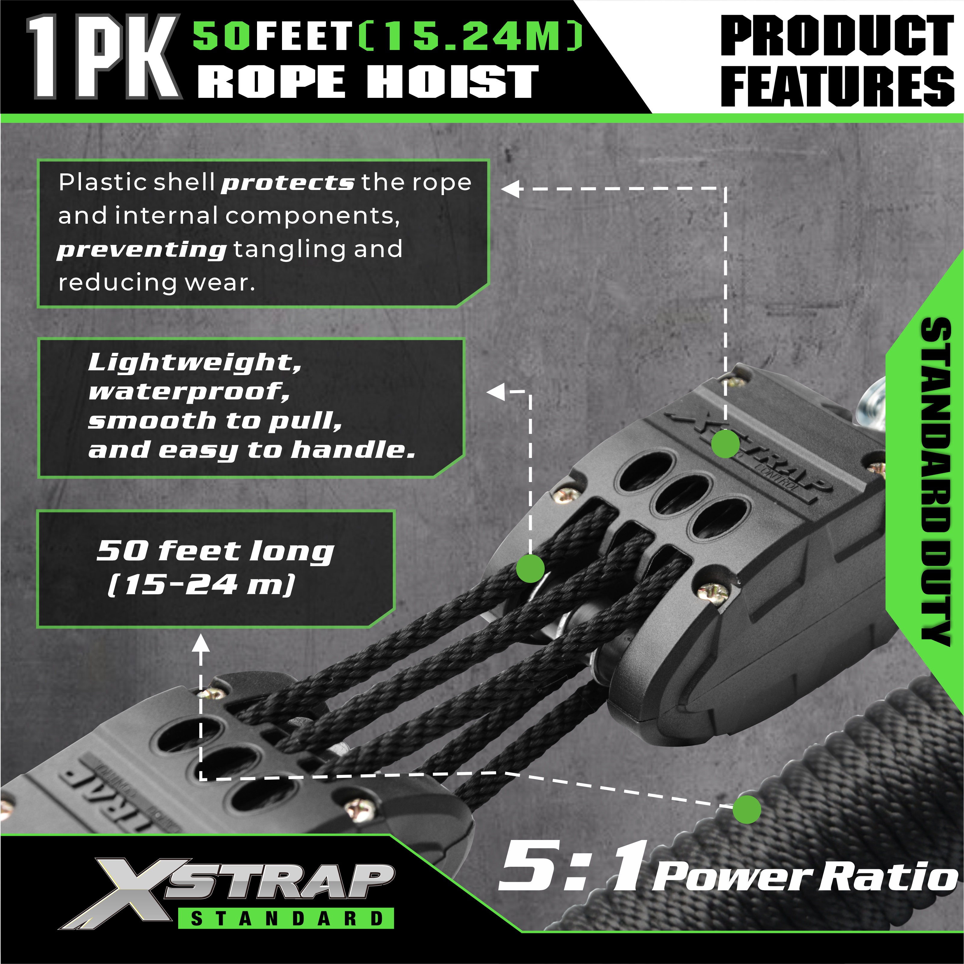 XSTRAP AHLT0003 ブラック ロープホイストプーリーシステム 1000LB