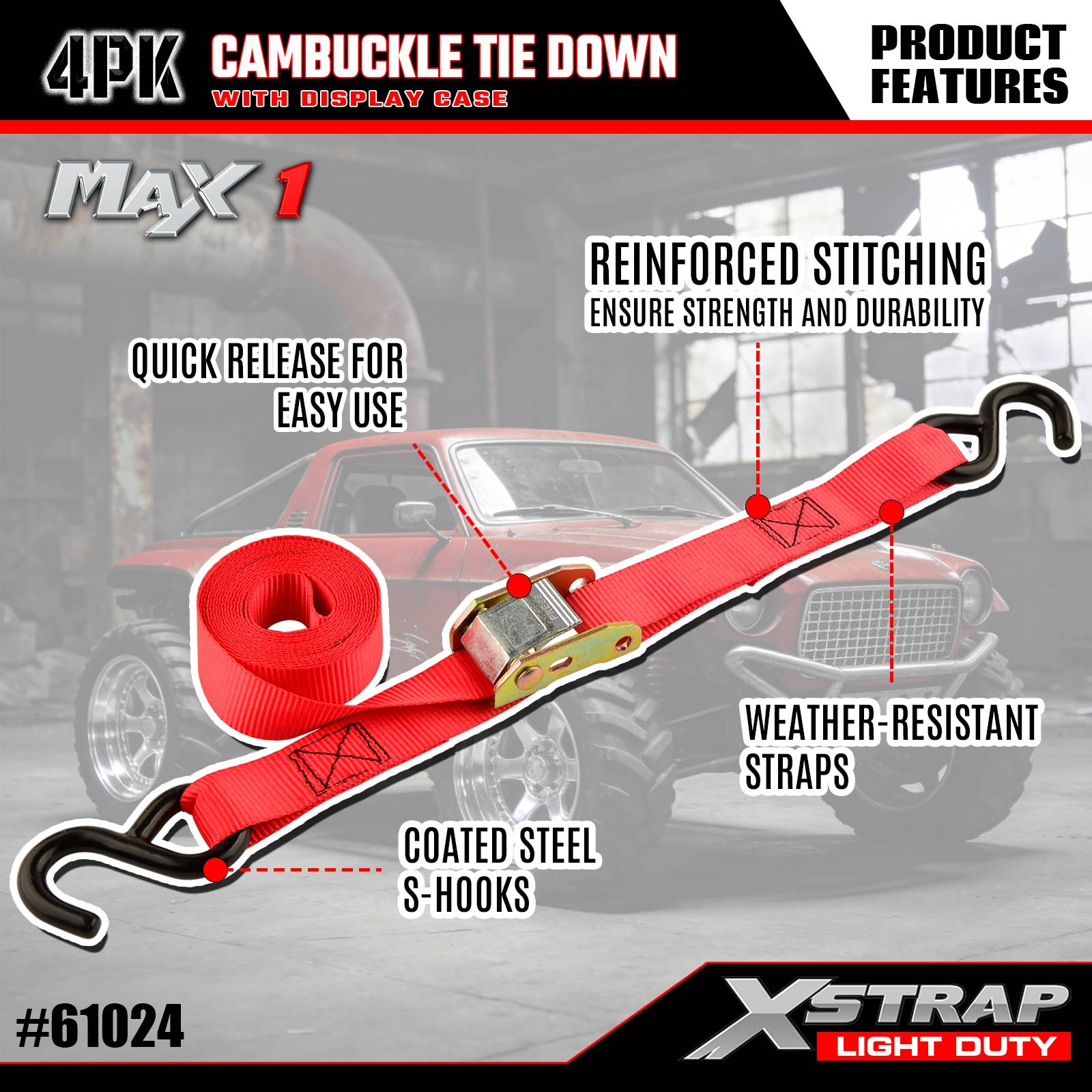 Xstrap 61024 1 インチ x 10 フィート 4PK カムバックル タイダウン ストラップ 300ポンド SWL