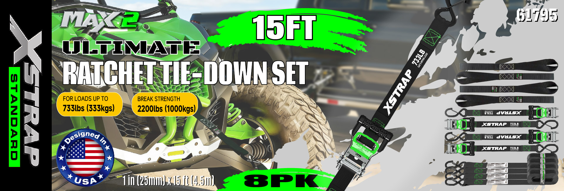 Xstrap 61795 1インチ x 15フィート オートバイタイダウンストラップ 733ポンド SWL