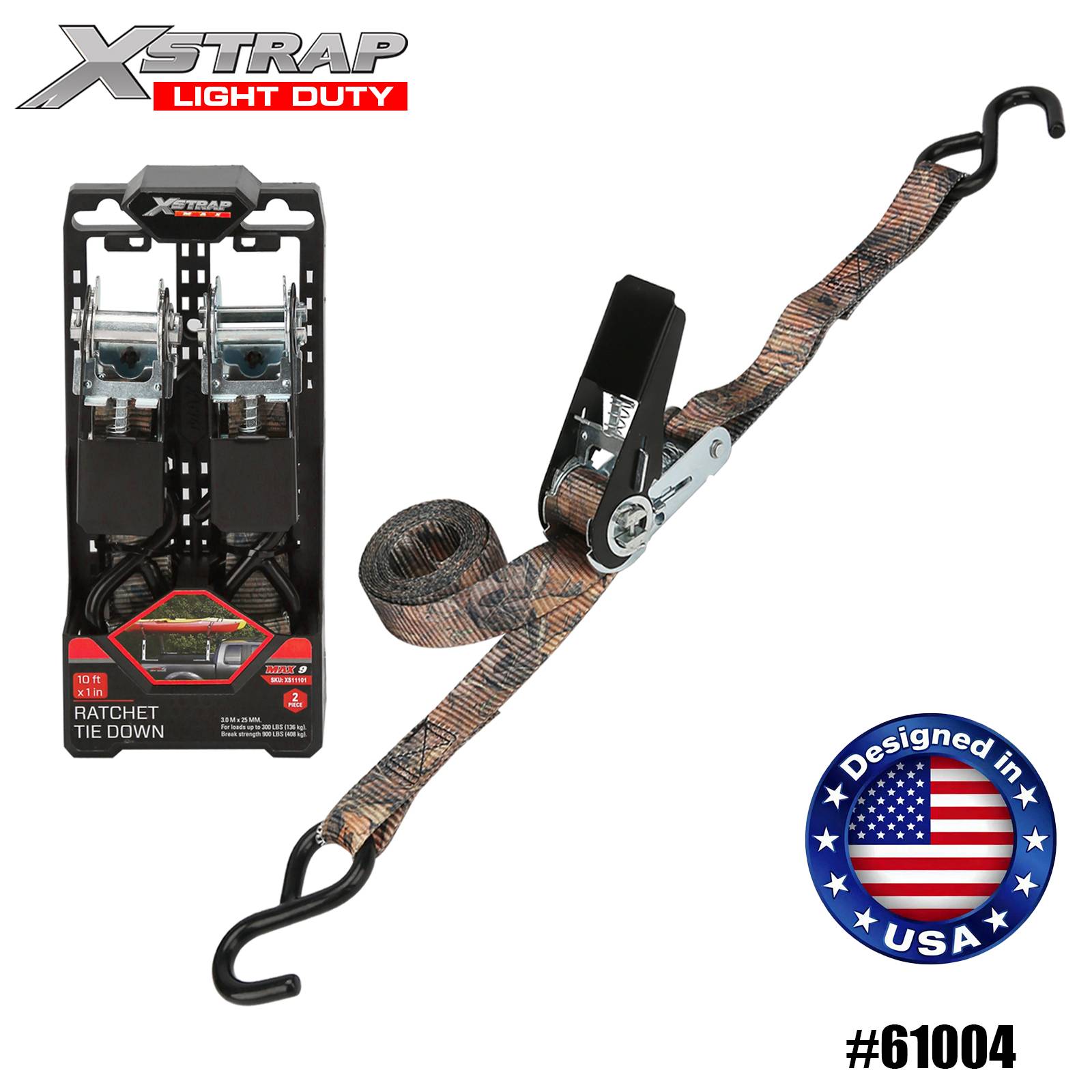 Xstrap 61004 1 インチ x 10 フィート 2PK 迷彩ラチェット タイダウン ストラップ 300ポンド SWL