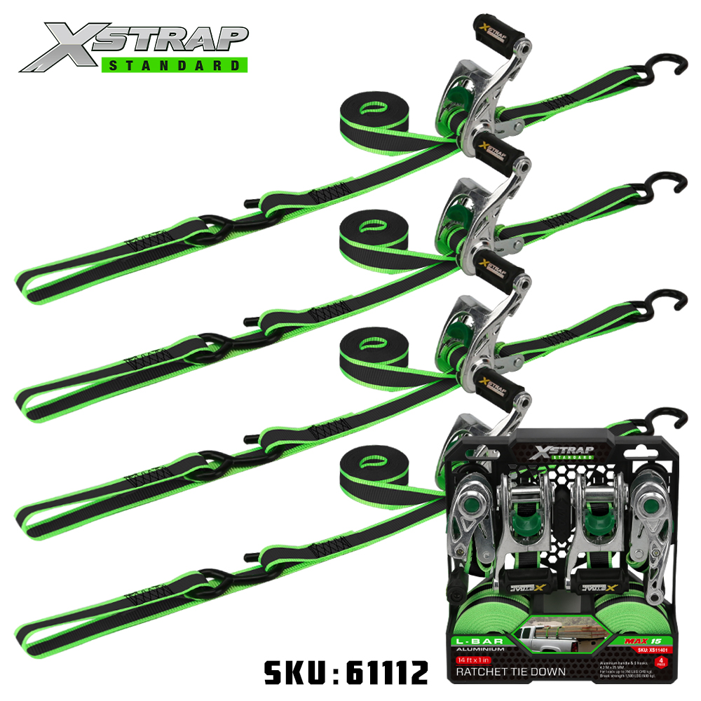 Xstrap 61112 1 インチ x 14 フィート 4PK ラチェット タイダウン ストラップ 500ポンド SWL ソフト ループ付き