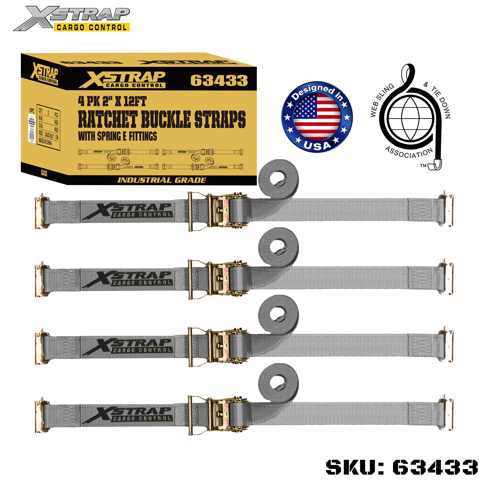 Xstrap 63433 2 インチ x 16 フィート 4PK ラチェット ストラップ スプリング E フィッティング付き 1467ポンド SWL