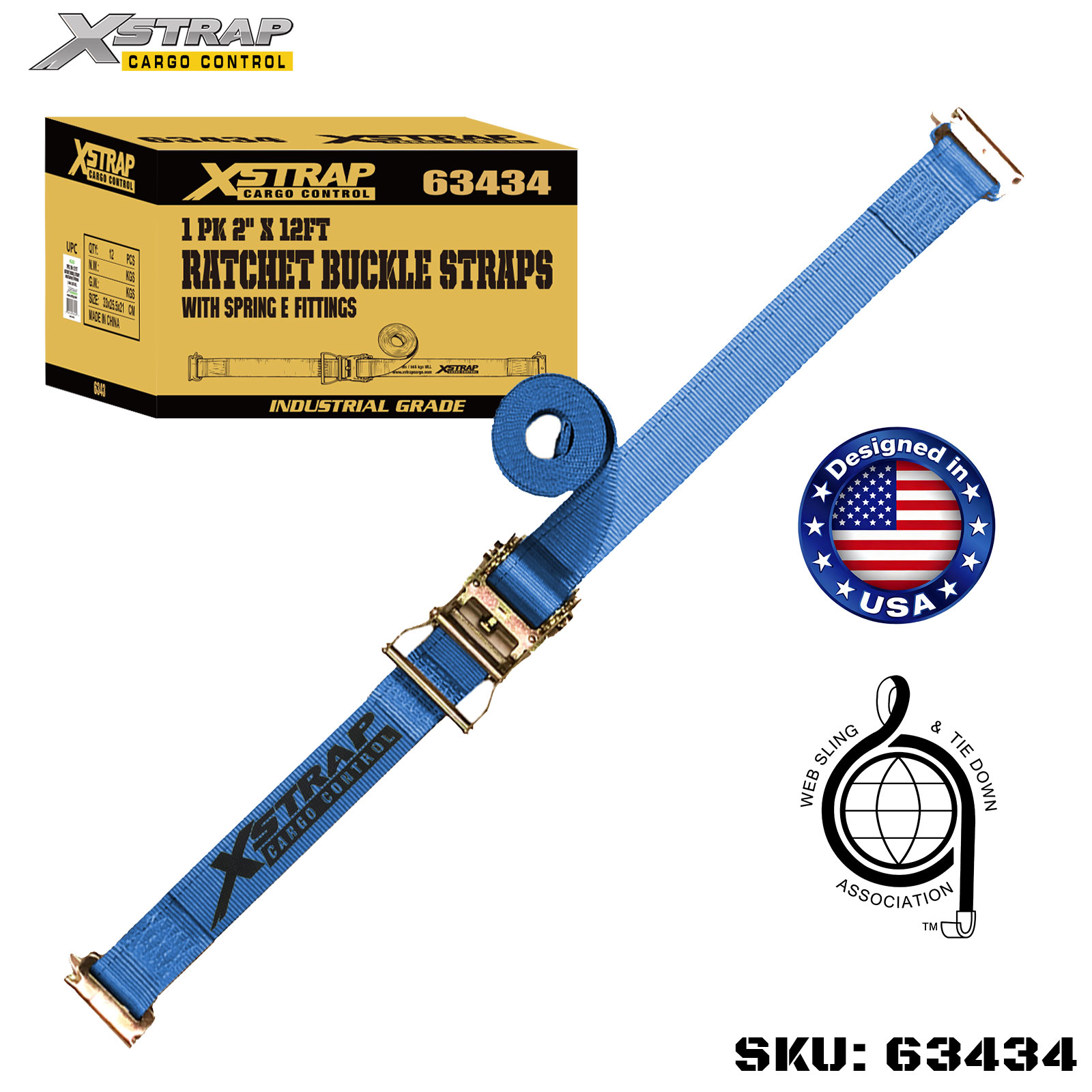 Xstrap 63434 2 インチ x 20 フィート 1PK ラチェット ストラップ スプリング E フィッティング付き 1467ポンド SWL