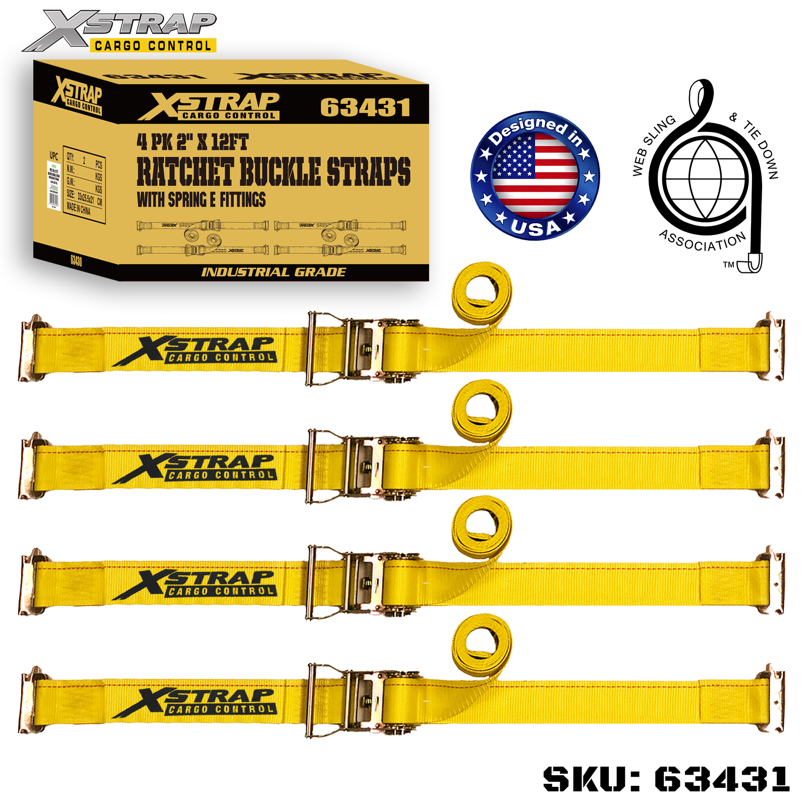 Xstrap 63431 2 インチ x 12 フィート 4PK ラチェット ストラップ スプリング E フィッティング付き 1467ポンド SWL