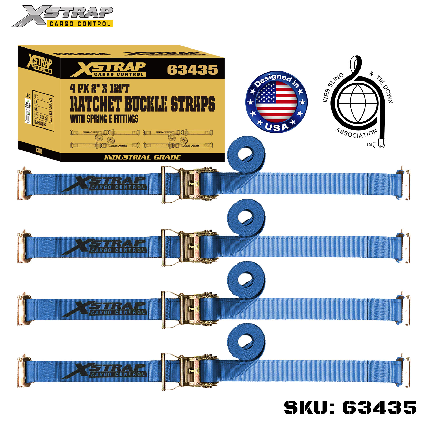 Xstrap 63435 2 インチ x 12 フィート 4PK ラチェット ストラップ スプリング E フィッティング付き 1467ポンド SWL