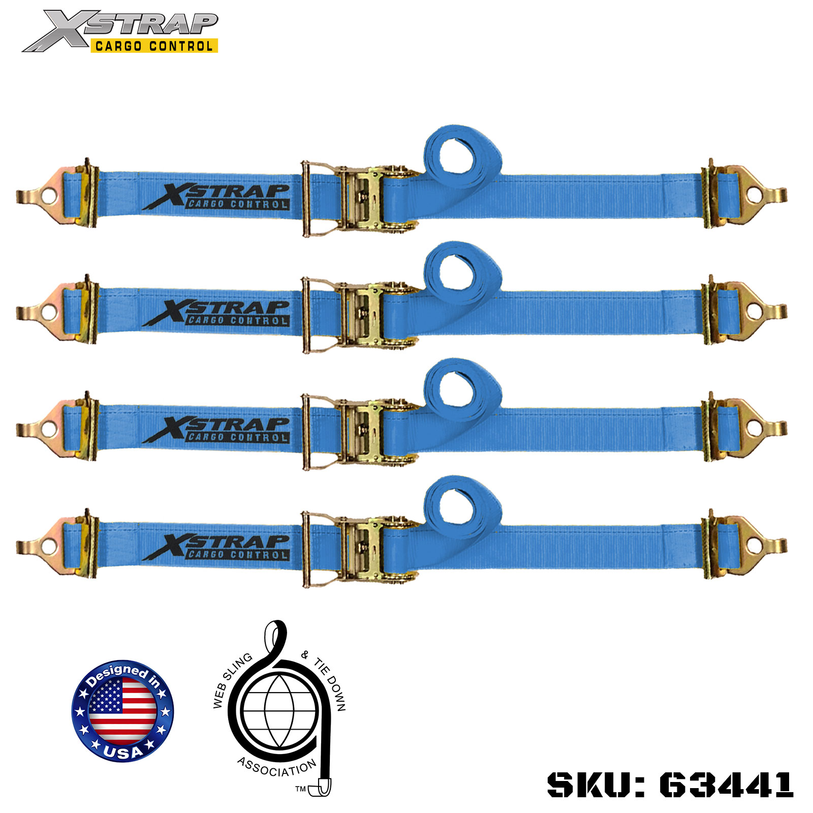 Xstrap 63441 2 インチ x 12 フィート 4PK ラチェット ストラップ、スプリング E フィッティングおよび F フック付き 733ポンド SWL