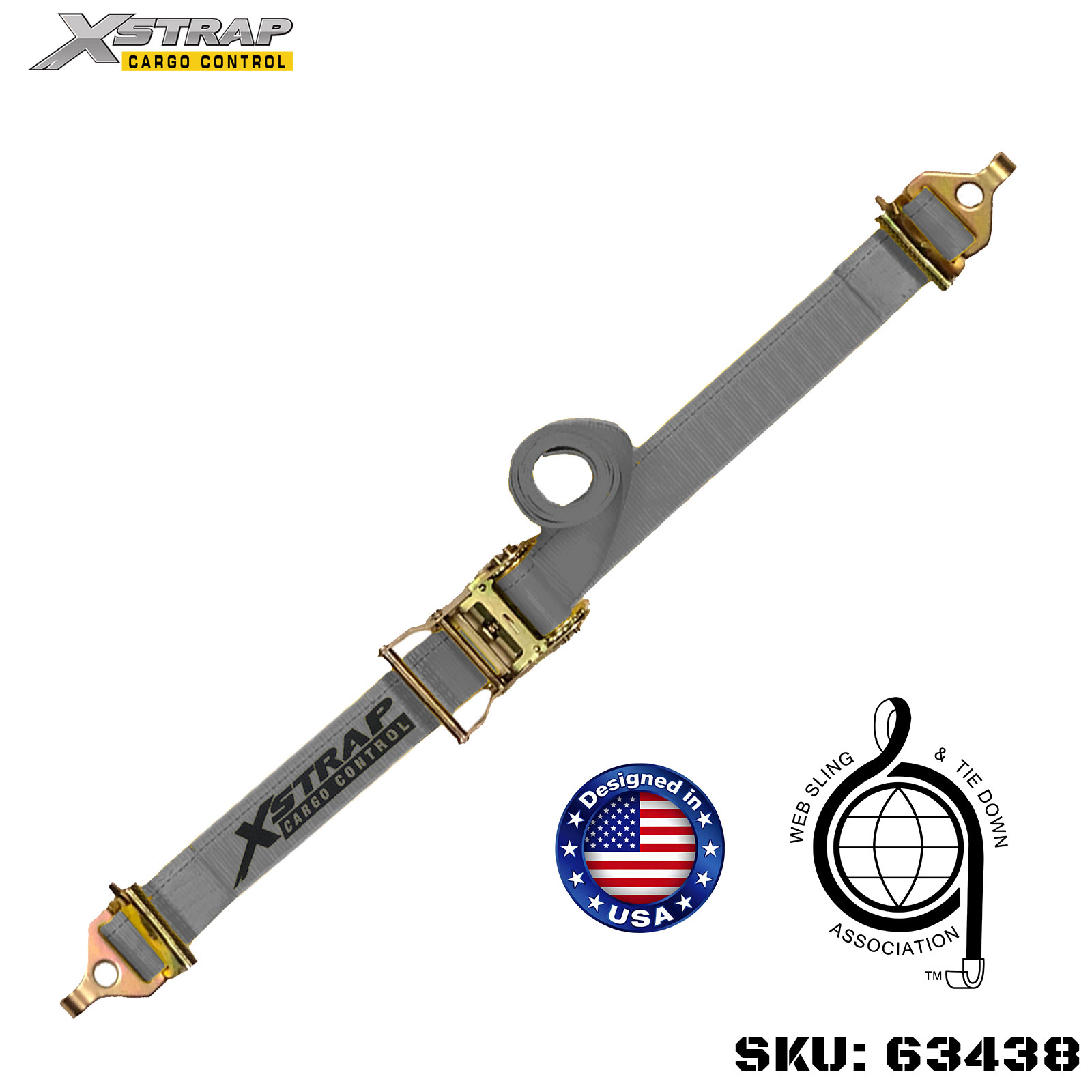 Xstrap 63438 2 インチ x 16 フィート 1PK ラチェット ストラップ、スプリング E フィッティングおよび F フック付き 733ポンド SWL