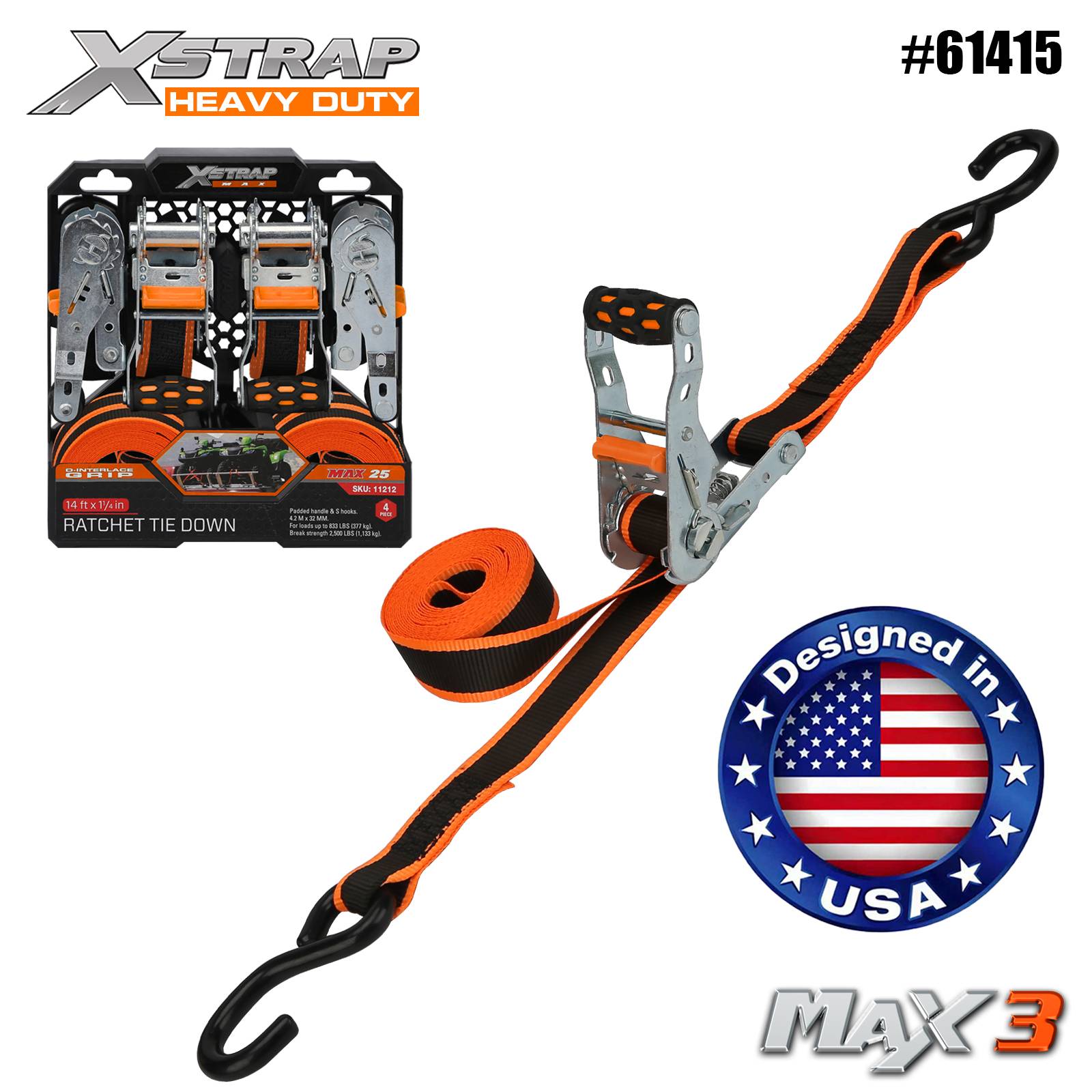 Xstrap 61415 1-1/4 インチ x 14 フィート 4PK ラチェット タイダウン 1000ポンド SWL
