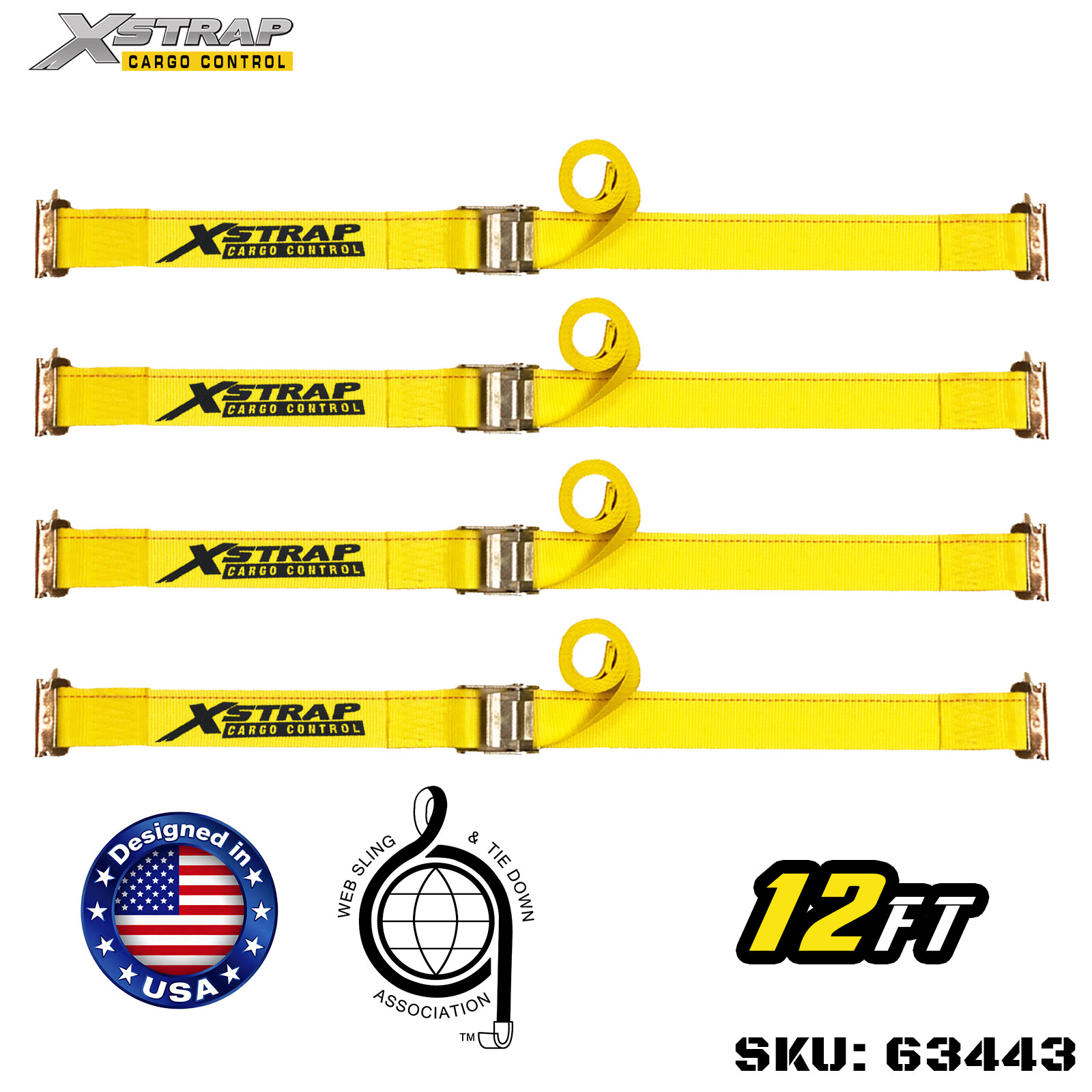 Xstrap 63443 2 インチ x 12 フィート 4PK カム バックル ストラップ スプリング E フィッティング 1000ポンド SWL 付き