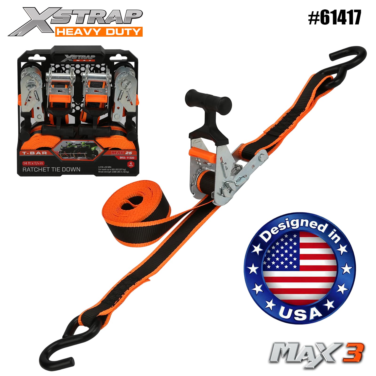 Xstrap 61417 1-1/4 インチ x 14 フィート 4PK T バー ラチェット タイダウン 1000ポンド SWL