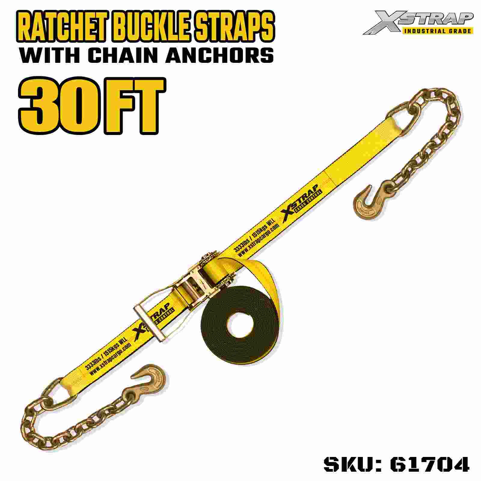 Xstrap 61704 2インチ 長さ30フィート ワイドハンドル ラチェットバックルストラップ チェーンフック付き 破断強度 10,000ポンド (1パック)