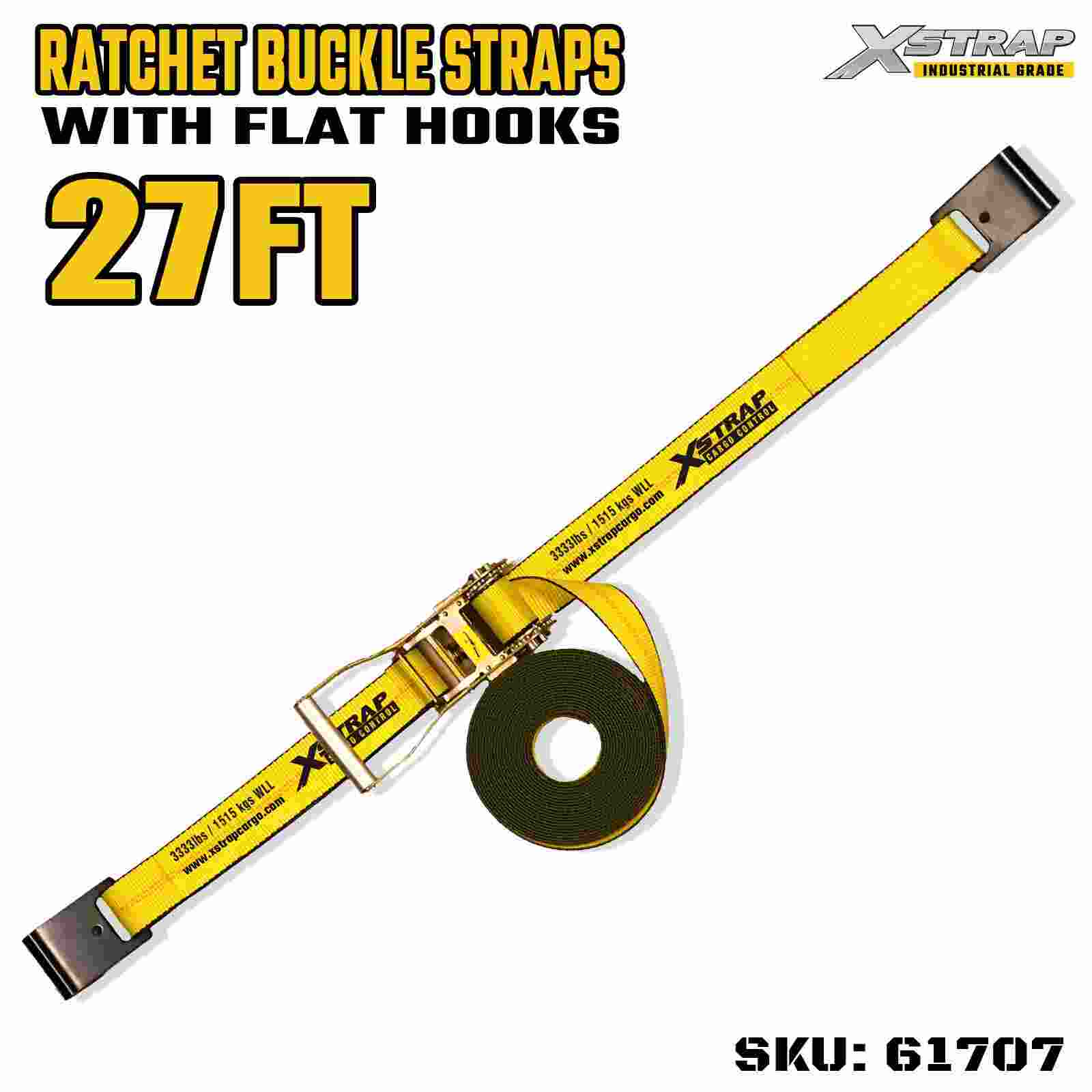 Xstrap 61707 2インチ 長さ27フィート ワイドハンドル ラチェットバックルストラップ フラットフック付き 破断強度10,000ポンド (1パック)