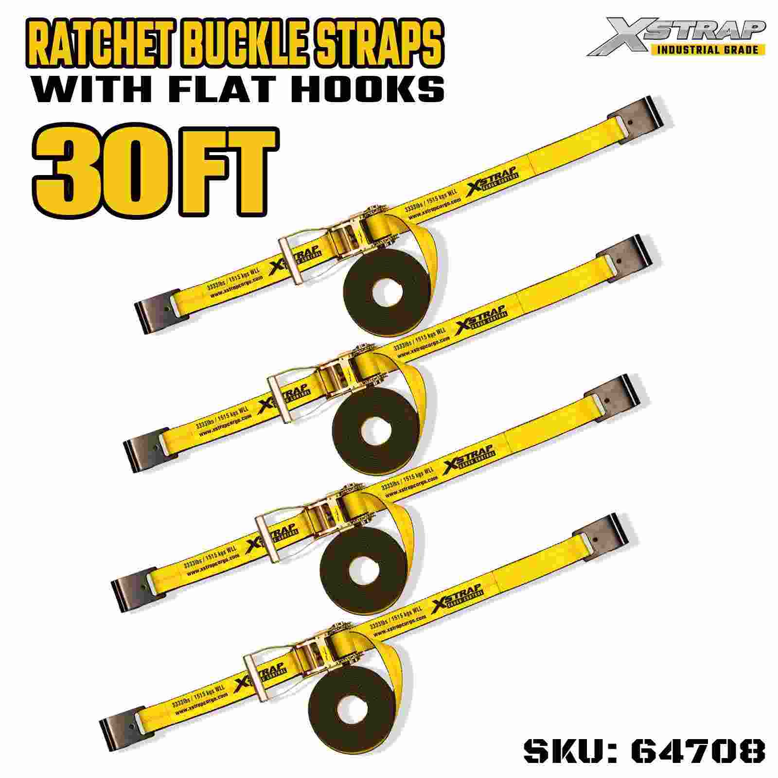 Xstrap 64708 2インチ 長さ30フィート ワイドハンドル ラチェットバックルストラップ フラットフック付き 破断強度10,000ポンド (4個パック)