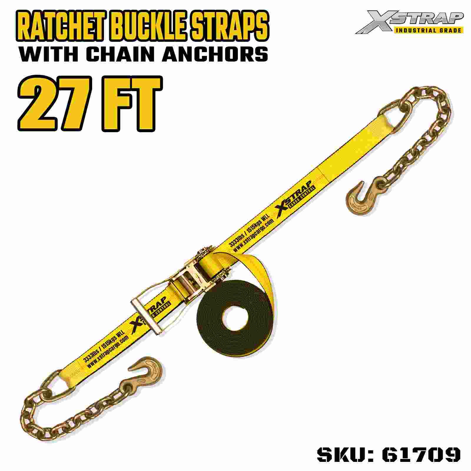 Xstrap 61709 2インチ 27フィート 長さ ワイドハンドル ラチェットバックル ストラップ チェーンフック付き 破断強度 10,000ポンド (1パック)