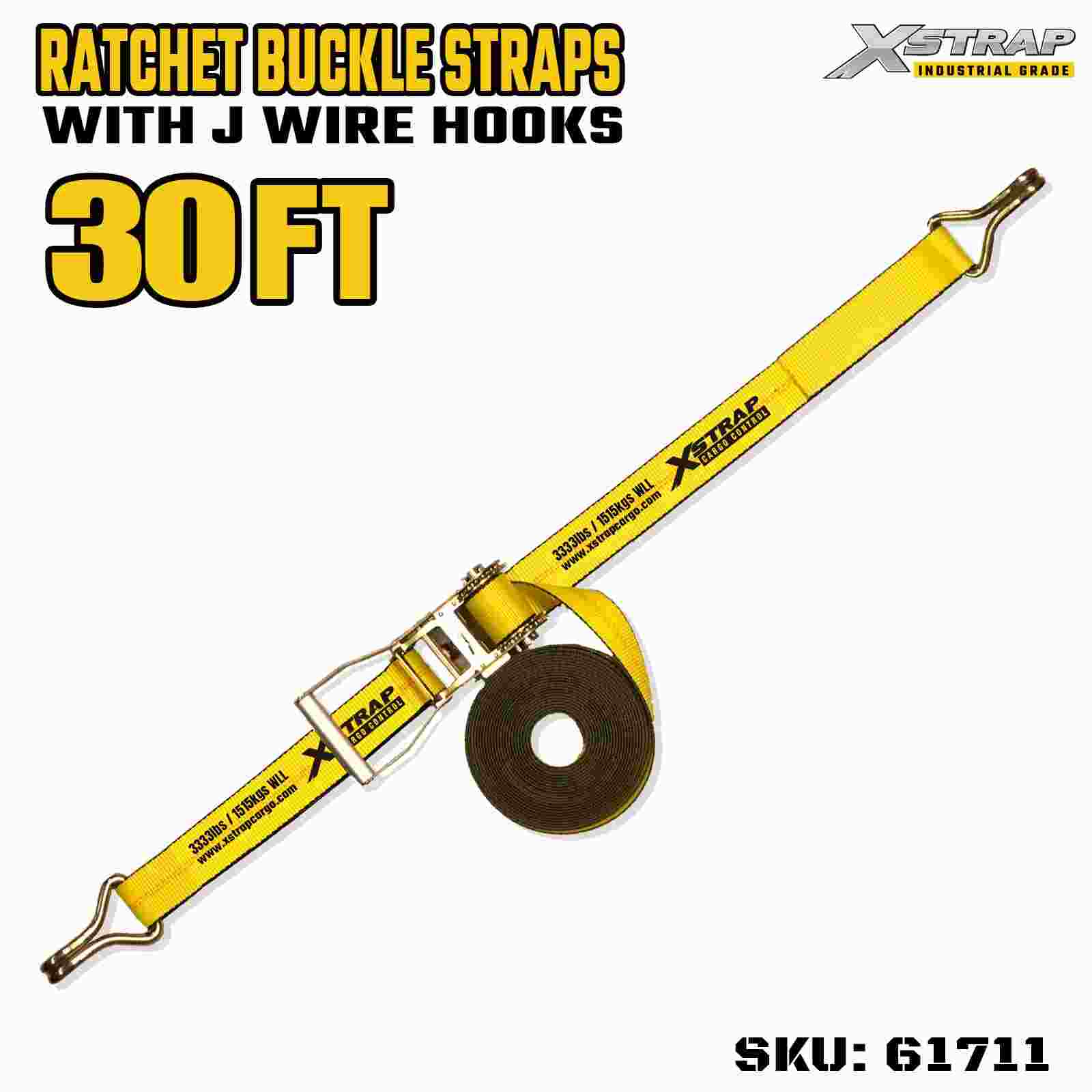 Xstrap 61711 2インチ 長さ30フィート ワイドハンドル ラチェットバックルストラップ ワイヤーフック付き 破断強度10,000ポンド (1パック)