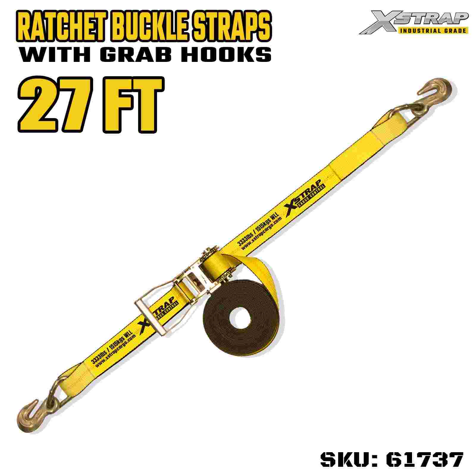 Xstrap 61737 2インチ 27フィート 長さ ワイドハンドル ラチェットバックルストラップ カニフック付き 破断強度 10,000ポンド (1パック)