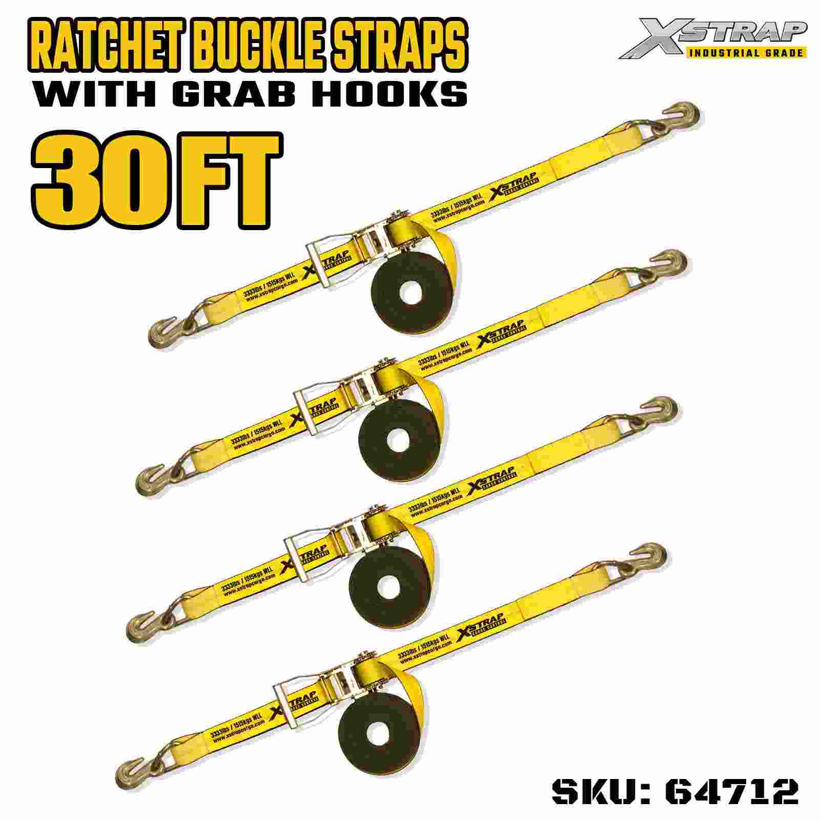 Xstrap 64712 2インチ 27フィート 長さ ワイドハンドル ラチェットバックル ストラップ カニフック付き 破断強度 10,000ポンド (4個パック)