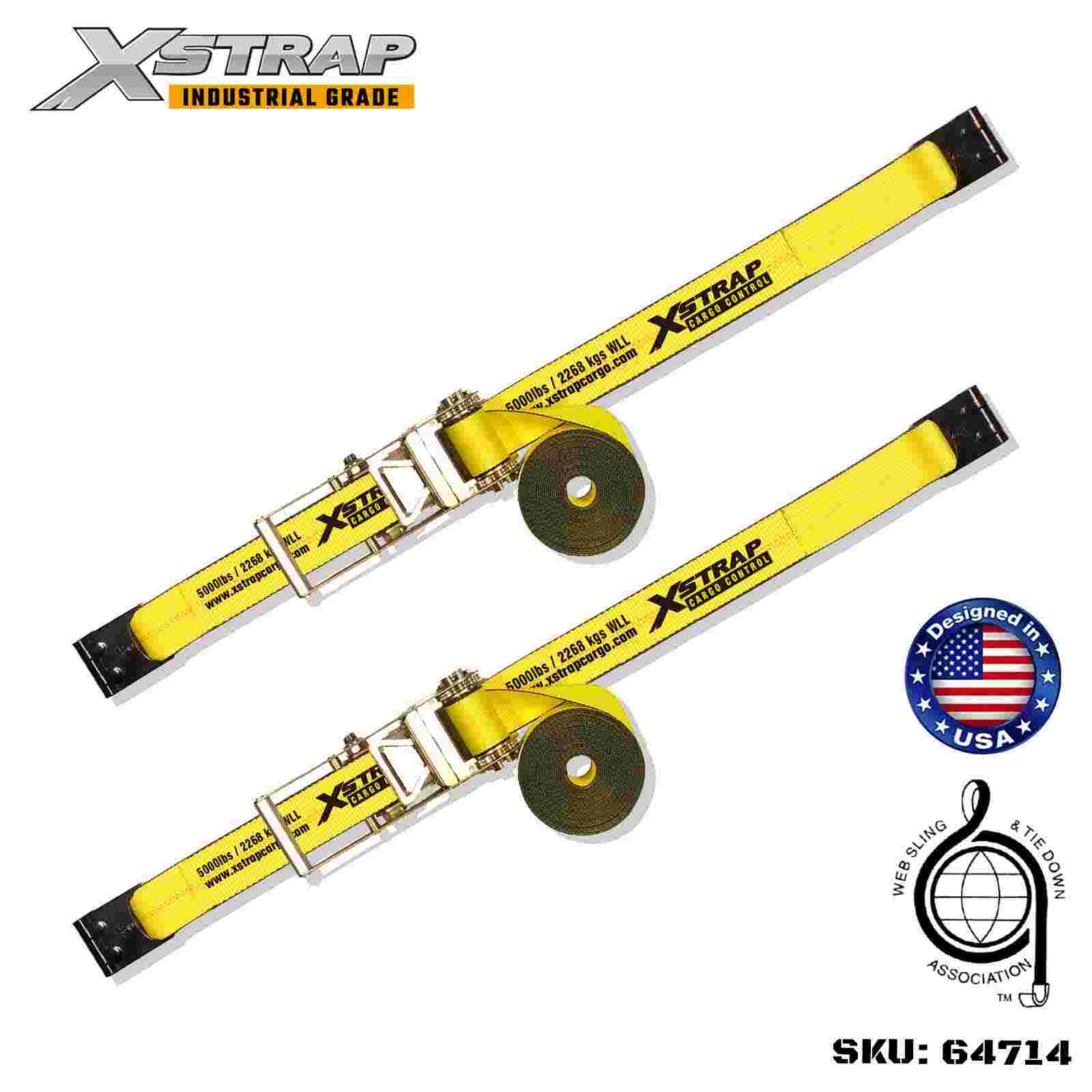 Xstrap 64714​​ 3 インチ 30 フィート ラチェット バックル ストラップ フラット フック付き 破断強度 15,000 ポンド (2 パック)