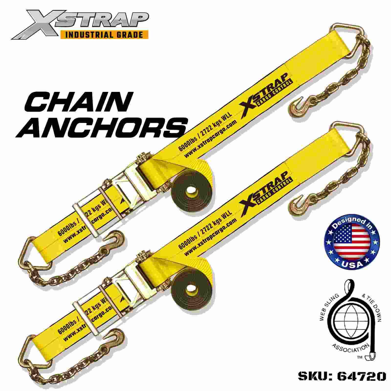 Xstrap 64720 4 インチ × 27 フィート ラチェット バックル ストラップ チェーン アンカー付き 破断強度 18,000 ポンド (2 パック)