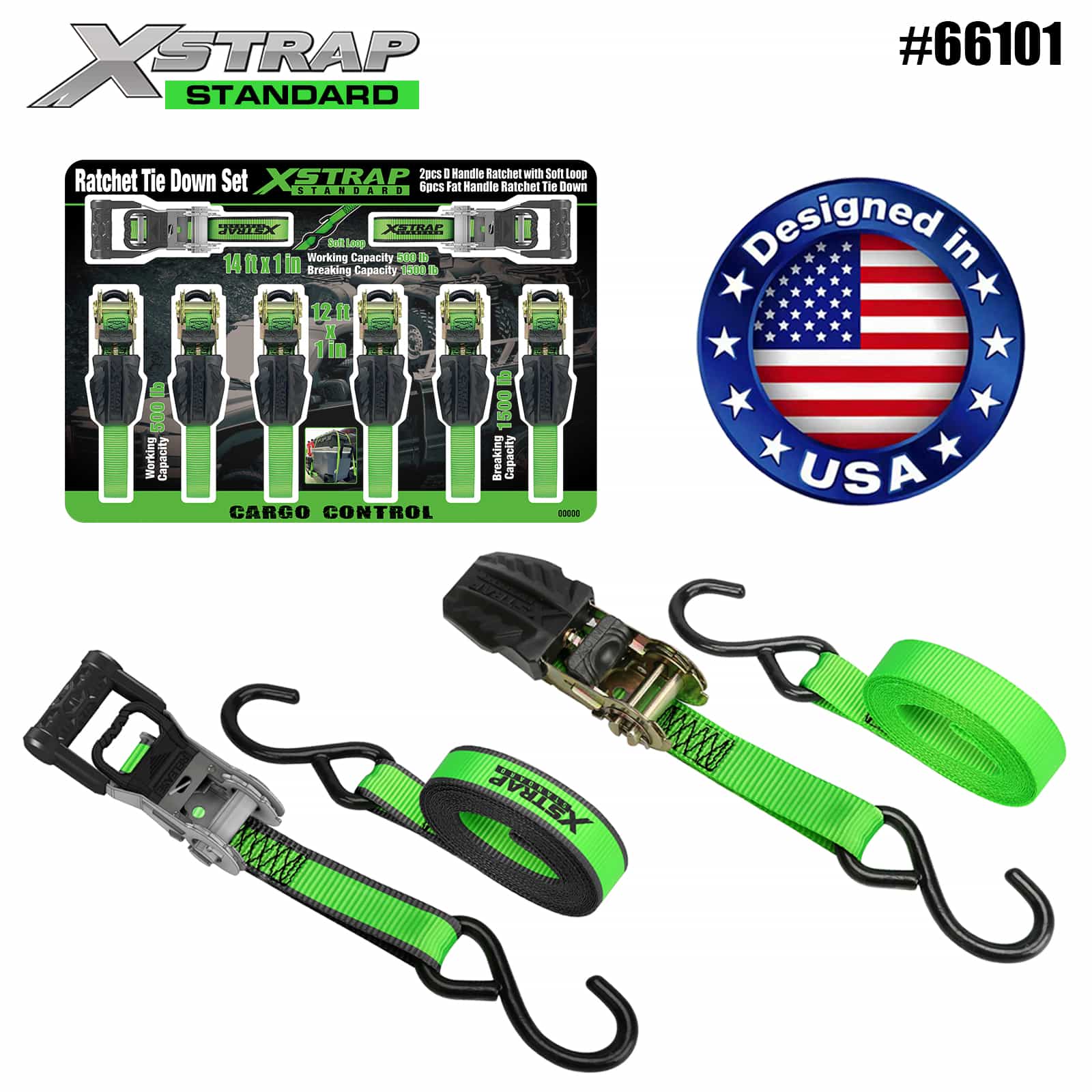 Xstrap 66101 1 インチ x 14 フィート 2PK D ハンドル ラチェット、ソフト ループ 500 ポンド SWL および 1 インチ x 12 フィート 6PK フラット ハンドル ラチェット タイダウン 500 ポンド SWL 付き