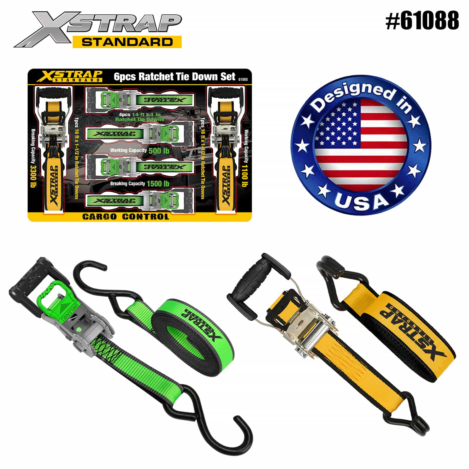 Xstrap 61088 1 インチ x 14 フィート 4PK D ハンドル ラチェット、ソフト ループ 500 ポンド SWL および 1 インチ x 16 フィート 2PK エクストラワイド ハンドル ラチェット タイダウン 1100 ポンド SWL 付き