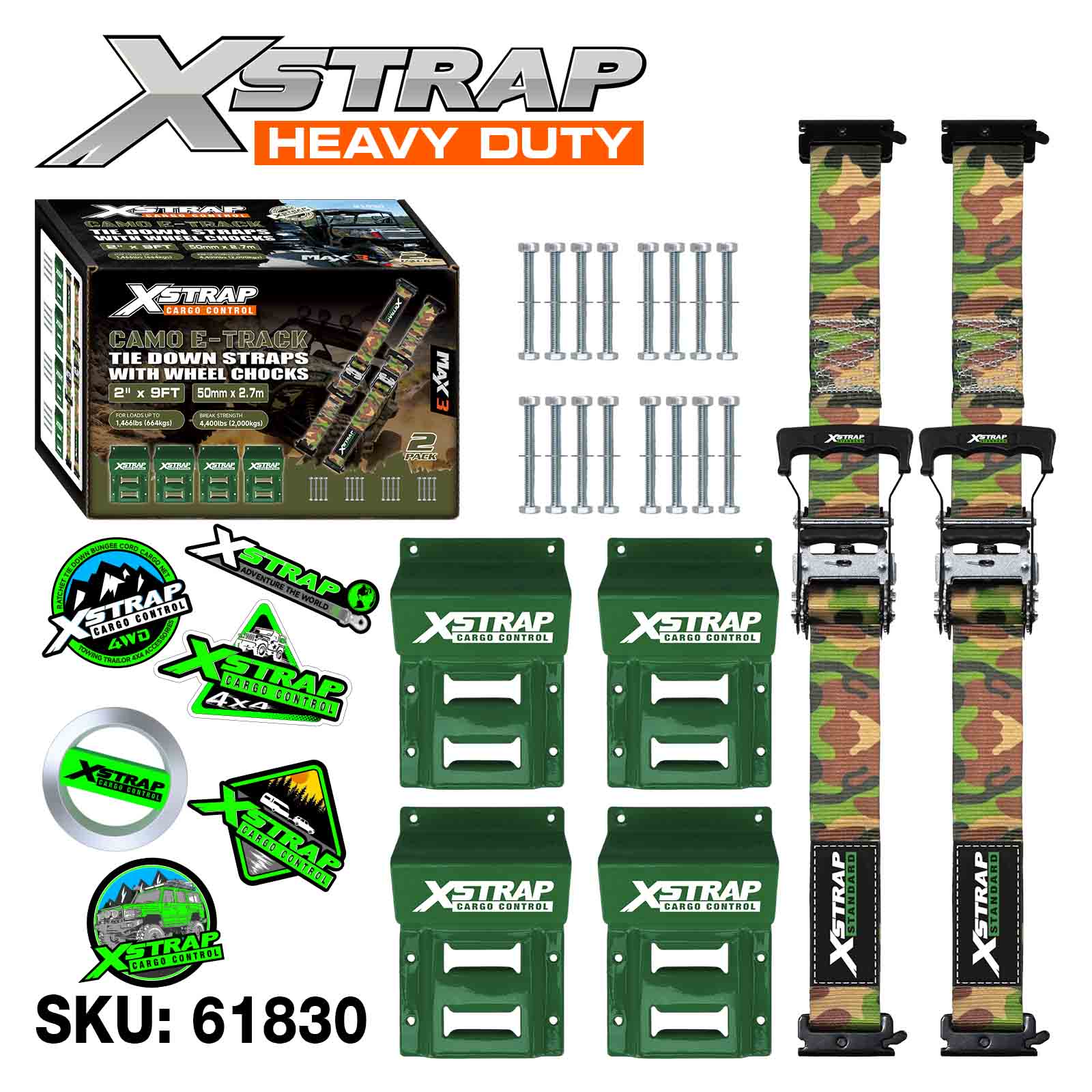Xstrap 61830 2インチ x 9フィート 2PK CAMO ホイールチョック タイダウン ストラップ セット 1,466ポンド SWL