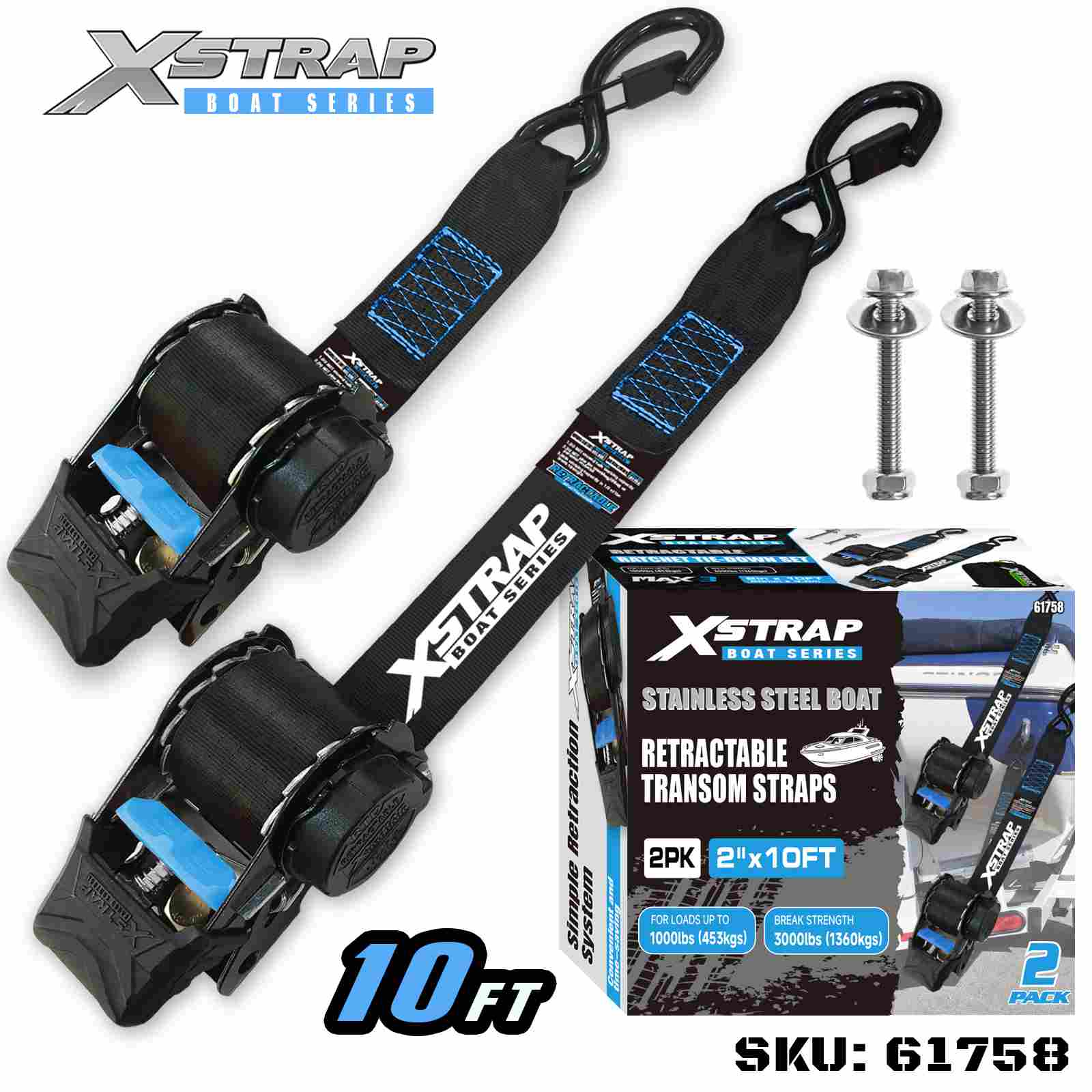 Xstrap 61758 2インチ x 3.6フィート 2PK ボート格納式トランサムストラップ 安全Sフック付き 1000ポンド SWL