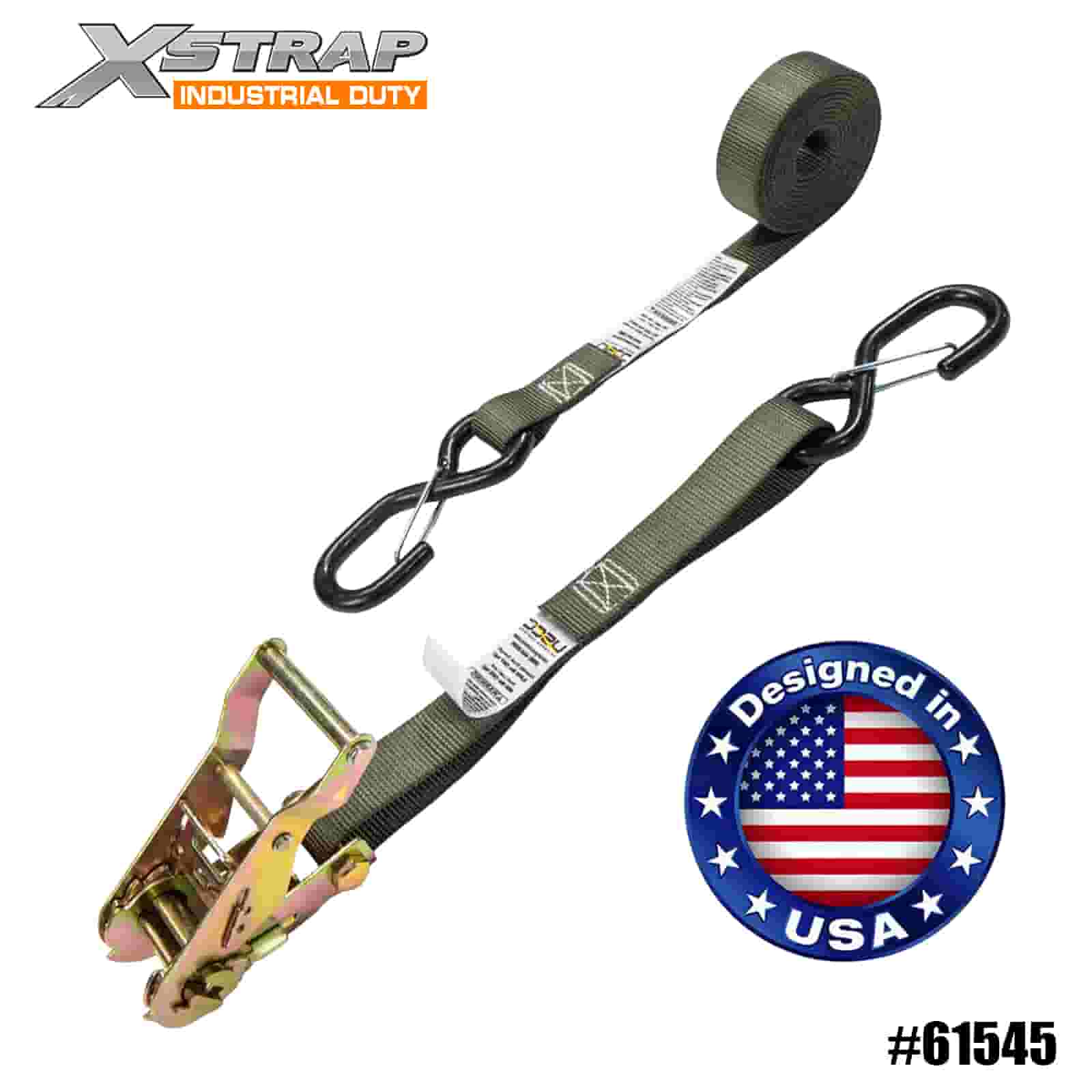Xstrap 61545 4PK 1 インチ x 8 フィート ラチェット ストラップ ビニールコーティングされた安全 S フック付き 833ポンド SWL