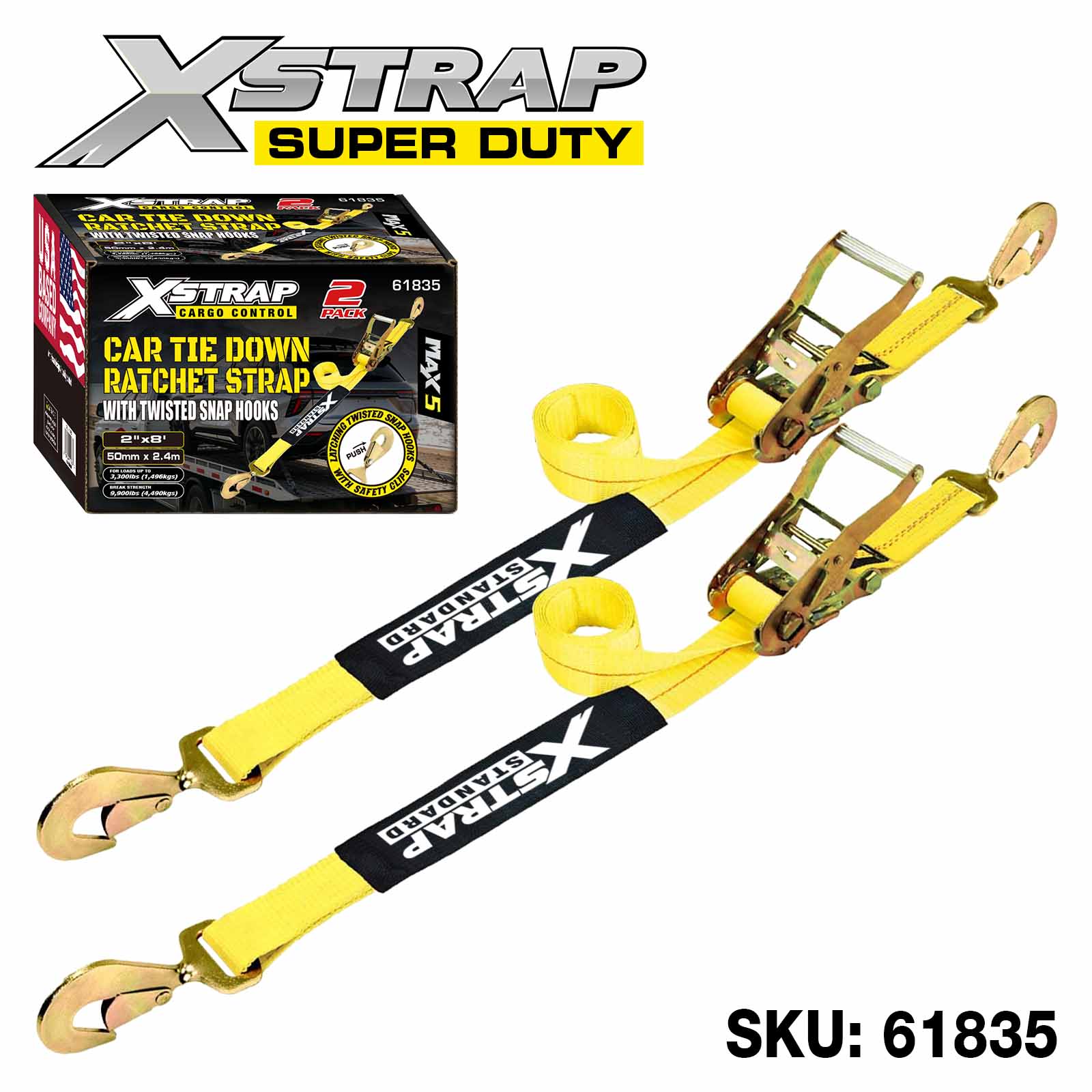 Xstrap 61835 2 インチ x 8 フィート 2PK 車用タイダウン ストラップ 3,300ポンド SWL